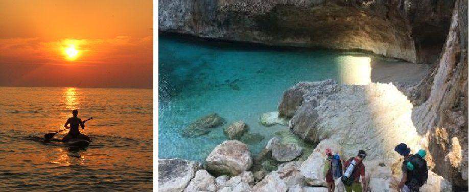 fantastyczne wschody słońca w Torre di Bari. Po lewej - górska wyprawa przez klify na dziką plaże zamkniętą w jaskini.